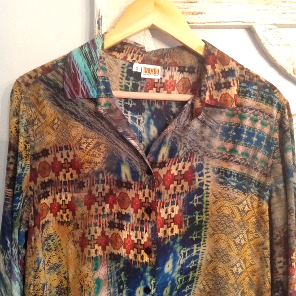 100% silk vintage vibrant southwestern blouse, small/medium